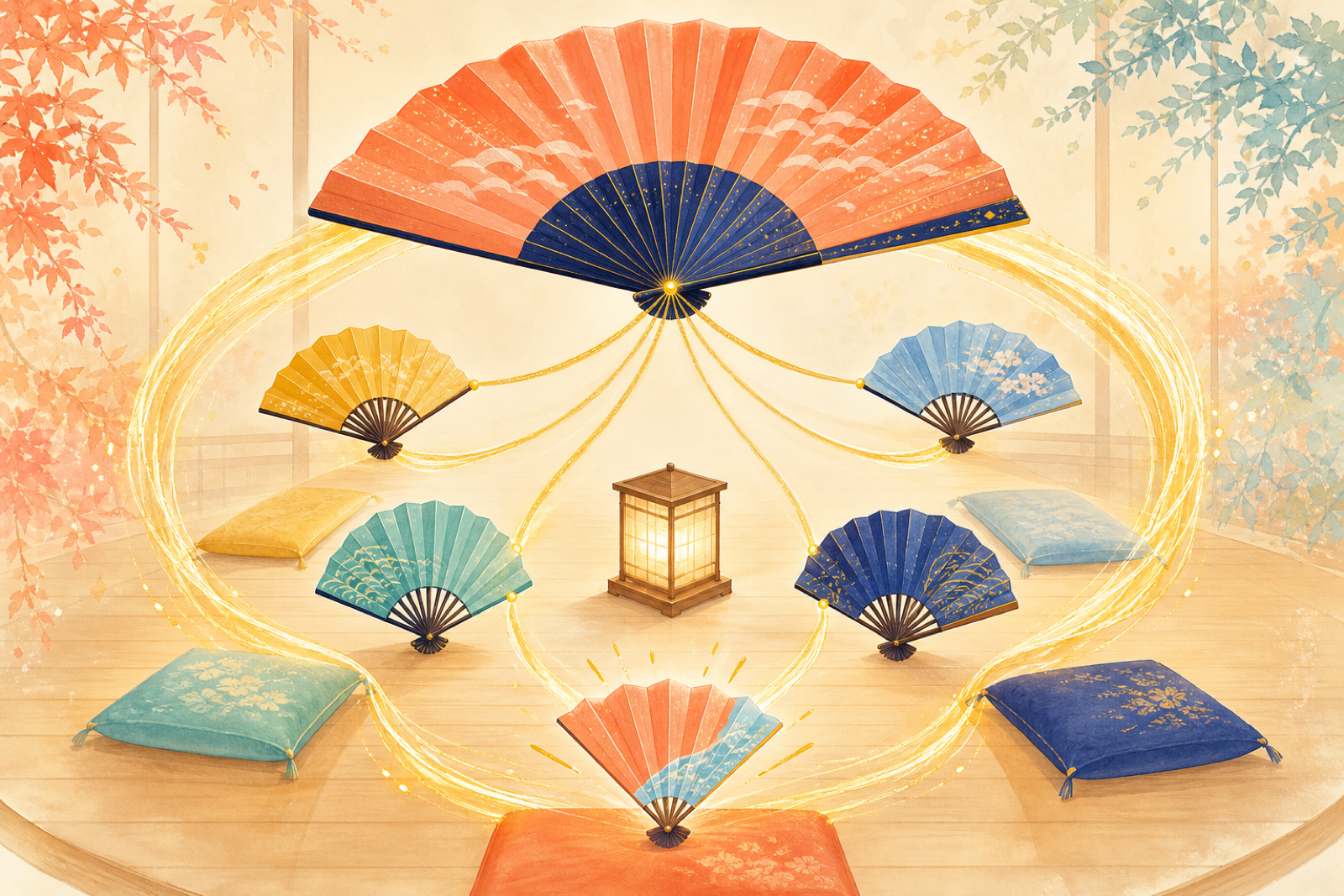 Golden threads form a circle between a senior fan and younger fans, symbolizing responsibility and rakugo passing through generations