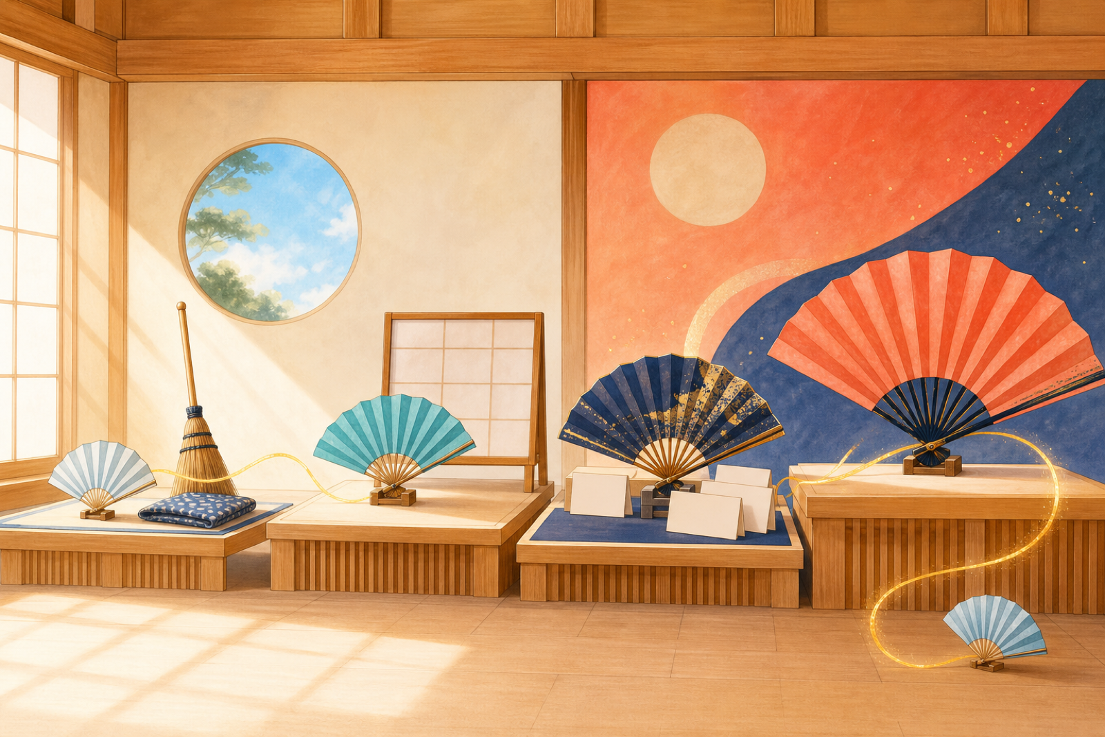Four folding fans progress from training duties to independence and teaching, symbolizing the ranks and growing responsibilities of rakugo