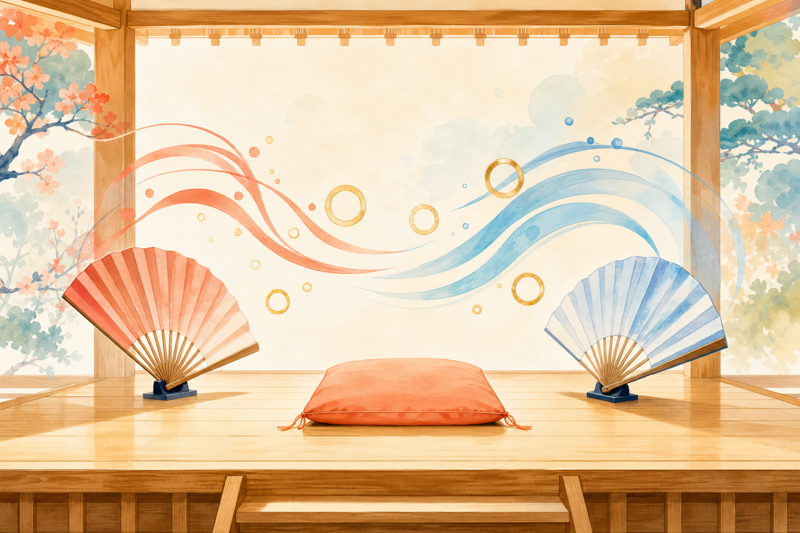 Two folding fans exchange coral and blue sound ribbons across an empty rakugo stage, symbolizing one performer creating a conversation