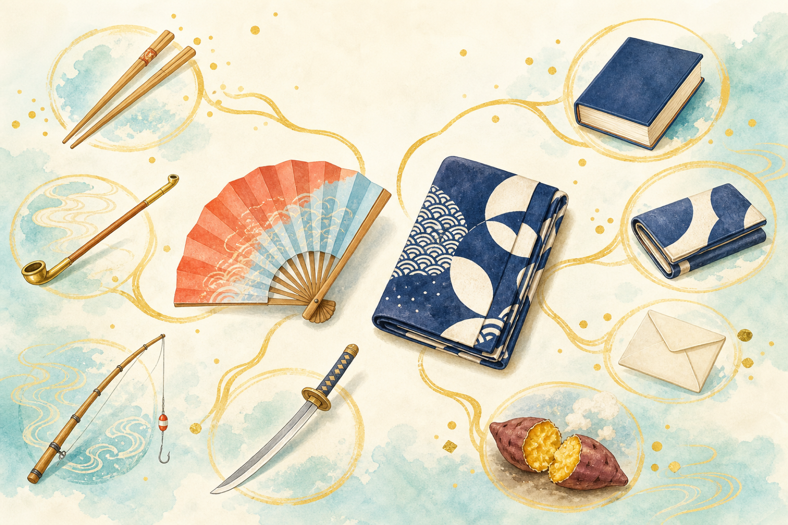 A folding fan and tenugui connected to chopsticks, a pipe, fishing rod, sword, book, wallet, letter and sweet potato, showing rakugo's imaginative props