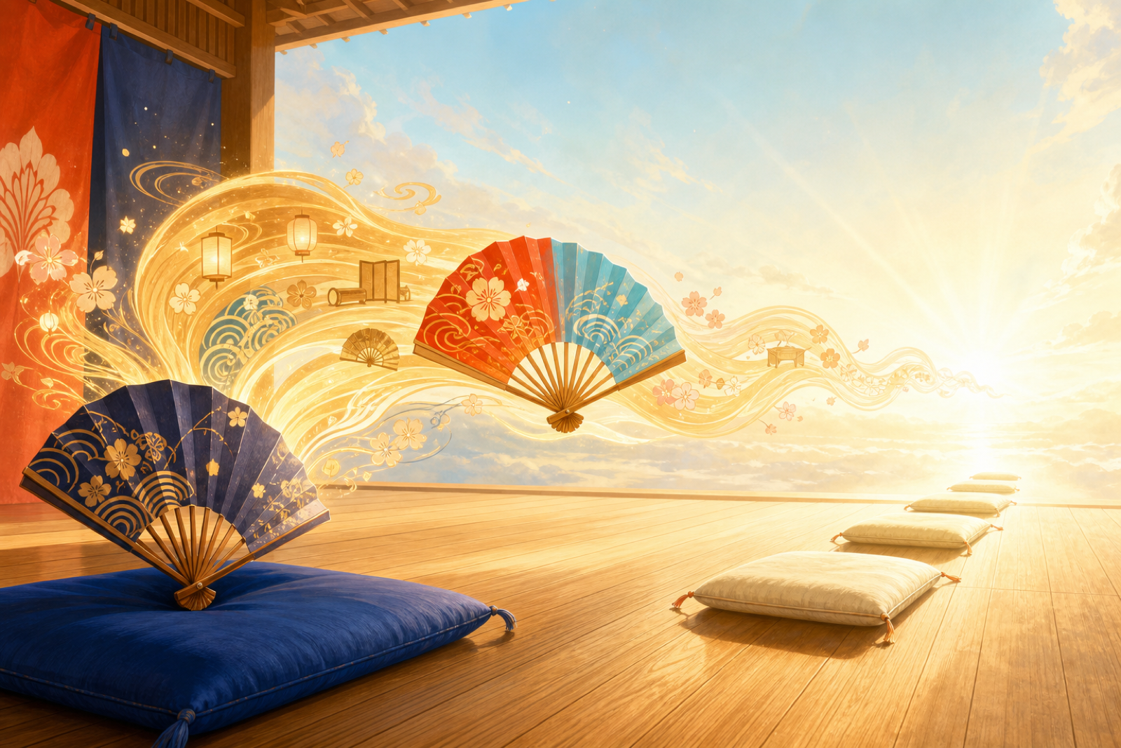 Golden story ribbons flowing from an older rakugo fan toward a new fan and empty cushions in the distance, symbolising art passed into the future