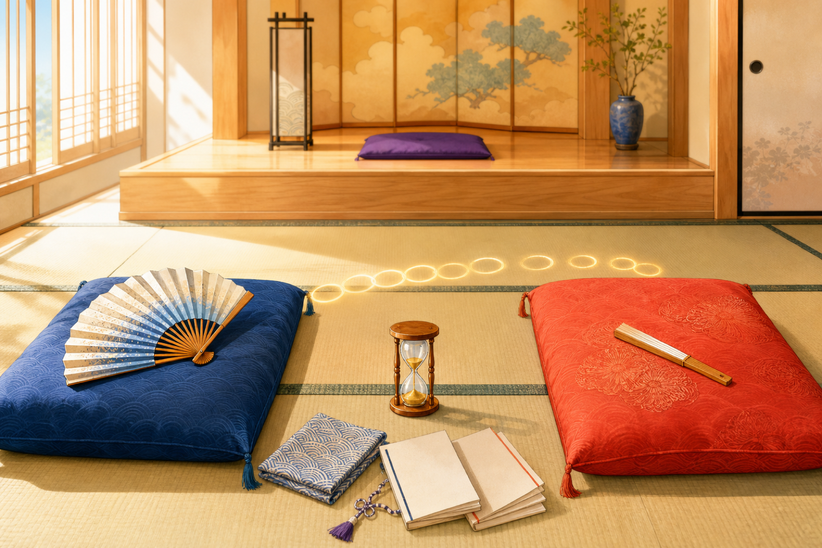 Two empty rakugo cushions, practice fans, notebooks and an hourglass symbolising the time and responsibility involved in teaching an apprentice