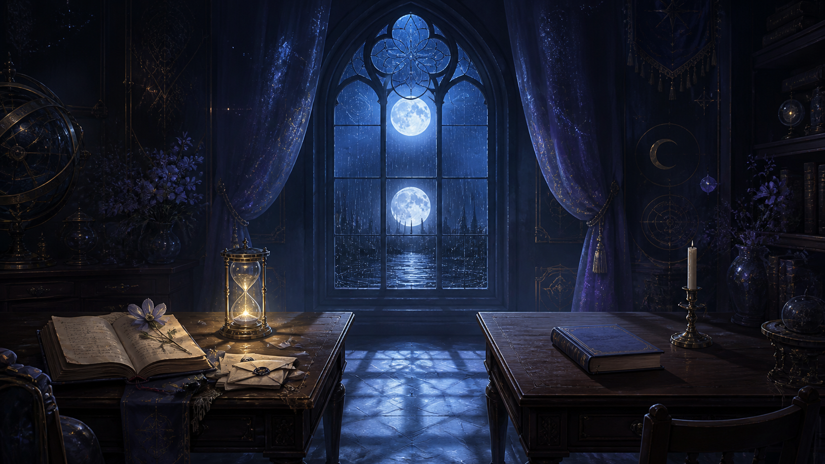 Two empty desks divided by moonlight, symbolizing memories shared by only one person