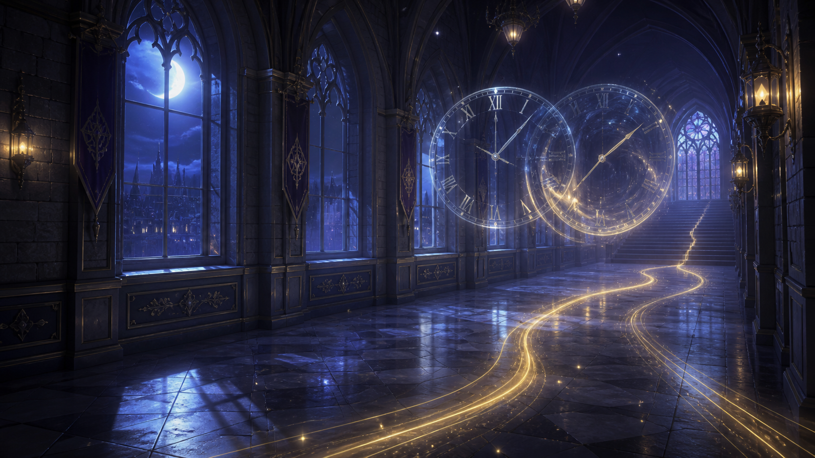Empty magical academy corridor with overlapping clock motifs symbolizing a repeated timeline
