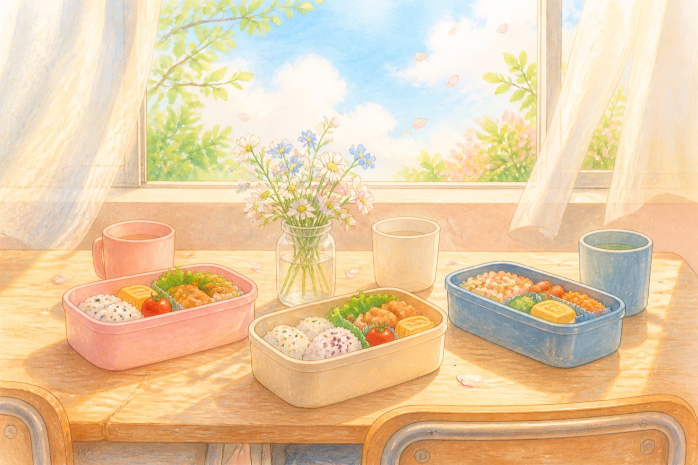 Three lunch boxes and cups shared on a sunlit classroom desk, symbolizing everyday friendship