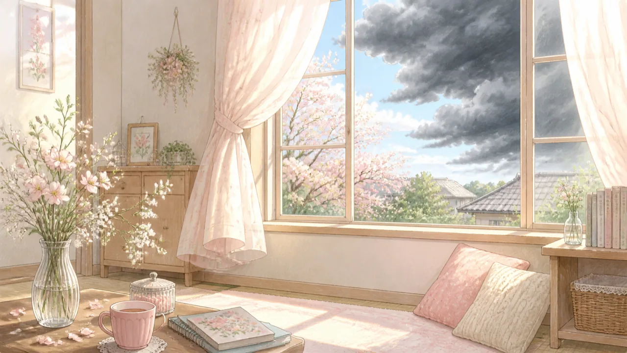 A sunlit spring room with flowers and dark storm clouds approaching beyond the window