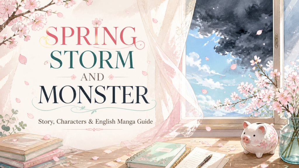 Spring Storm and Monster manga guide with cherry blossoms, a stormy spring sky, and a ceramic pig