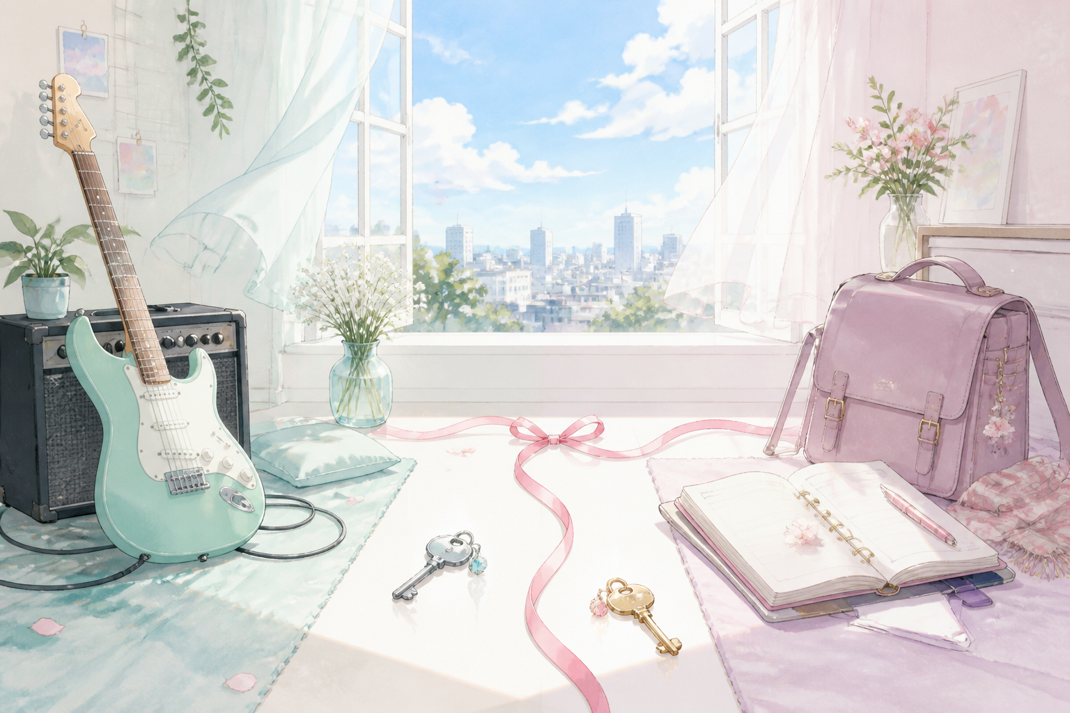 A bright shared room with a guitar, school bag, two separate keys, and an open city window