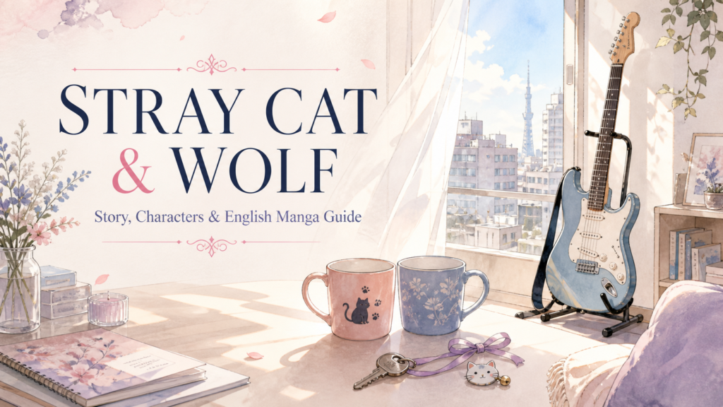 Stray Cat & Wolf manga guide with a sunlit Tokyo apartment, guitar, two mugs, and a house key