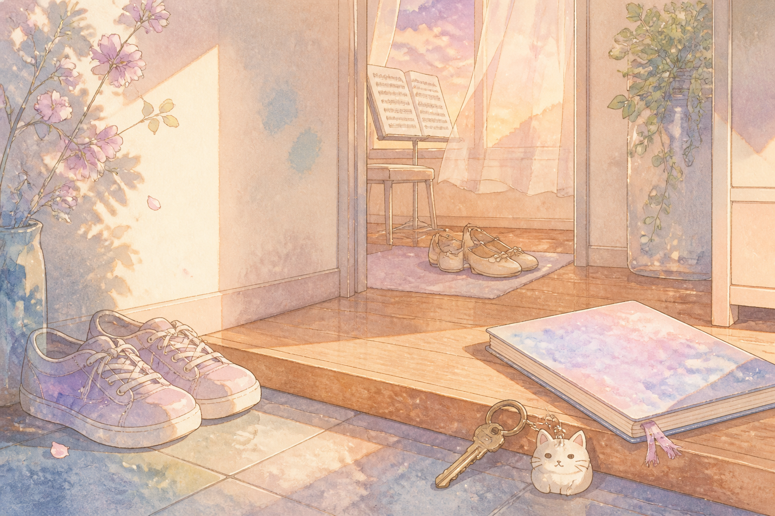 A warm apartment entryway with two pairs of shoes, a house key, school notebook, and music stand