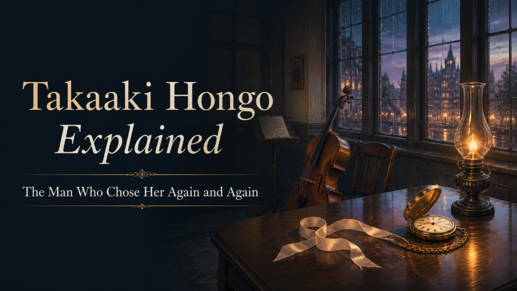 Rainy Meiji-era music room with a cello, pocket watch, and the title Takaaki Hongo Explained