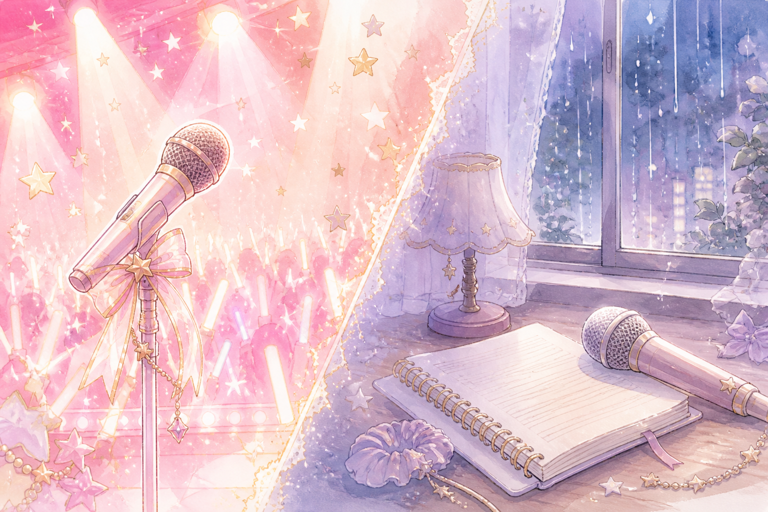 A bright idol stage and a quiet room illustrating Tamon’s public A-Side and private B-Side
