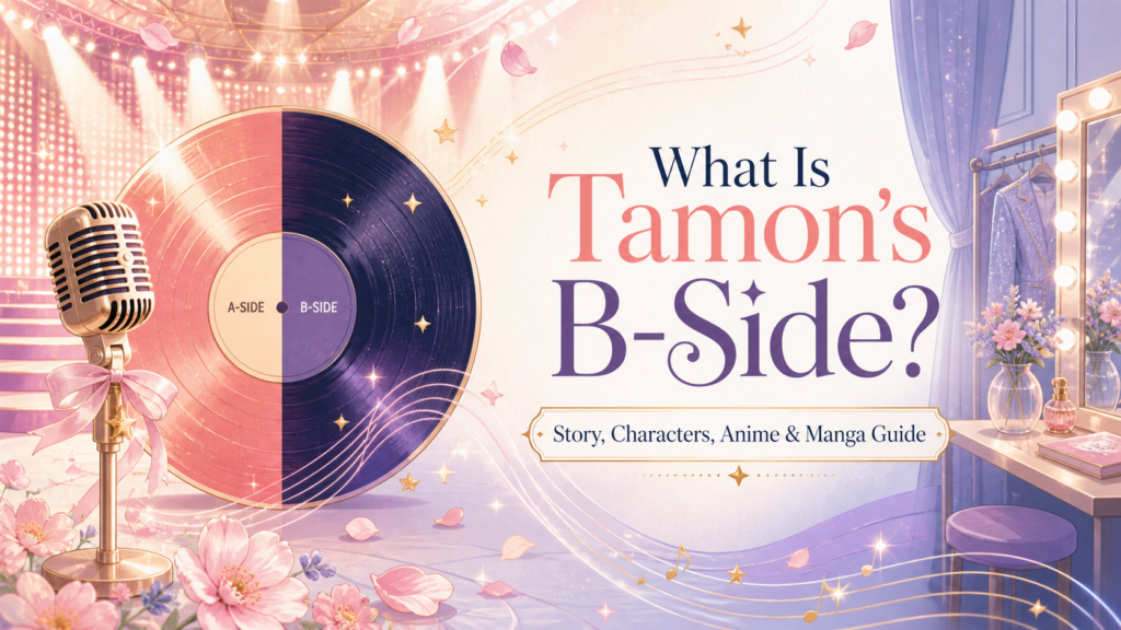 Tamon’s B-Side guide with a split A-Side and B-Side record, microphone, stage lights, and a quiet dressing room