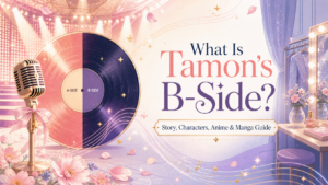 Tamon’s B-Side guide with a split A-Side and B-Side record, microphone, stage lights, and a quiet dressing room