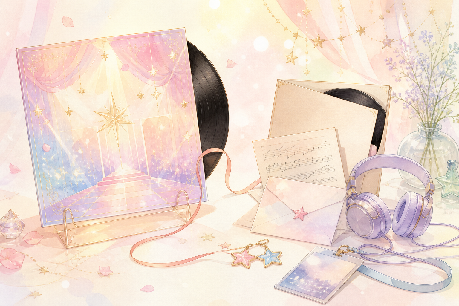 Records, headphones, a fan letter, and matching star charms symbolizing seeing the person behind an idol image