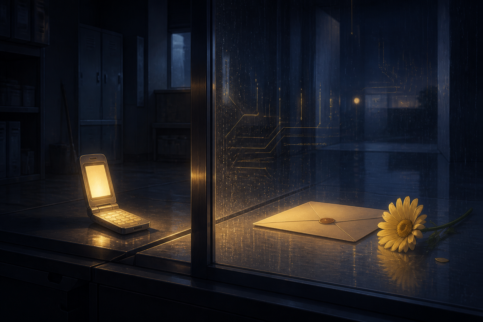A glowing flip phone separated from a sealed letter and yellow daisy by rain-streaked glass