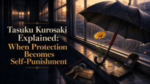 Tasuku Kurosaki analysis with an umbrella protecting a yellow daisy beside a flip phone and maintenance keys