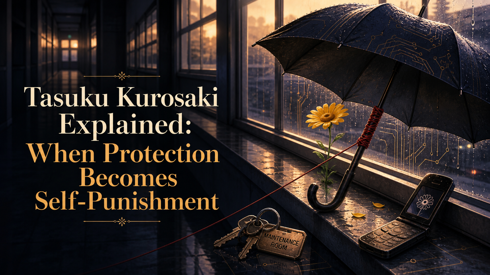 Tasuku Kurosaki analysis with an umbrella protecting a yellow daisy beside a flip phone and maintenance keys