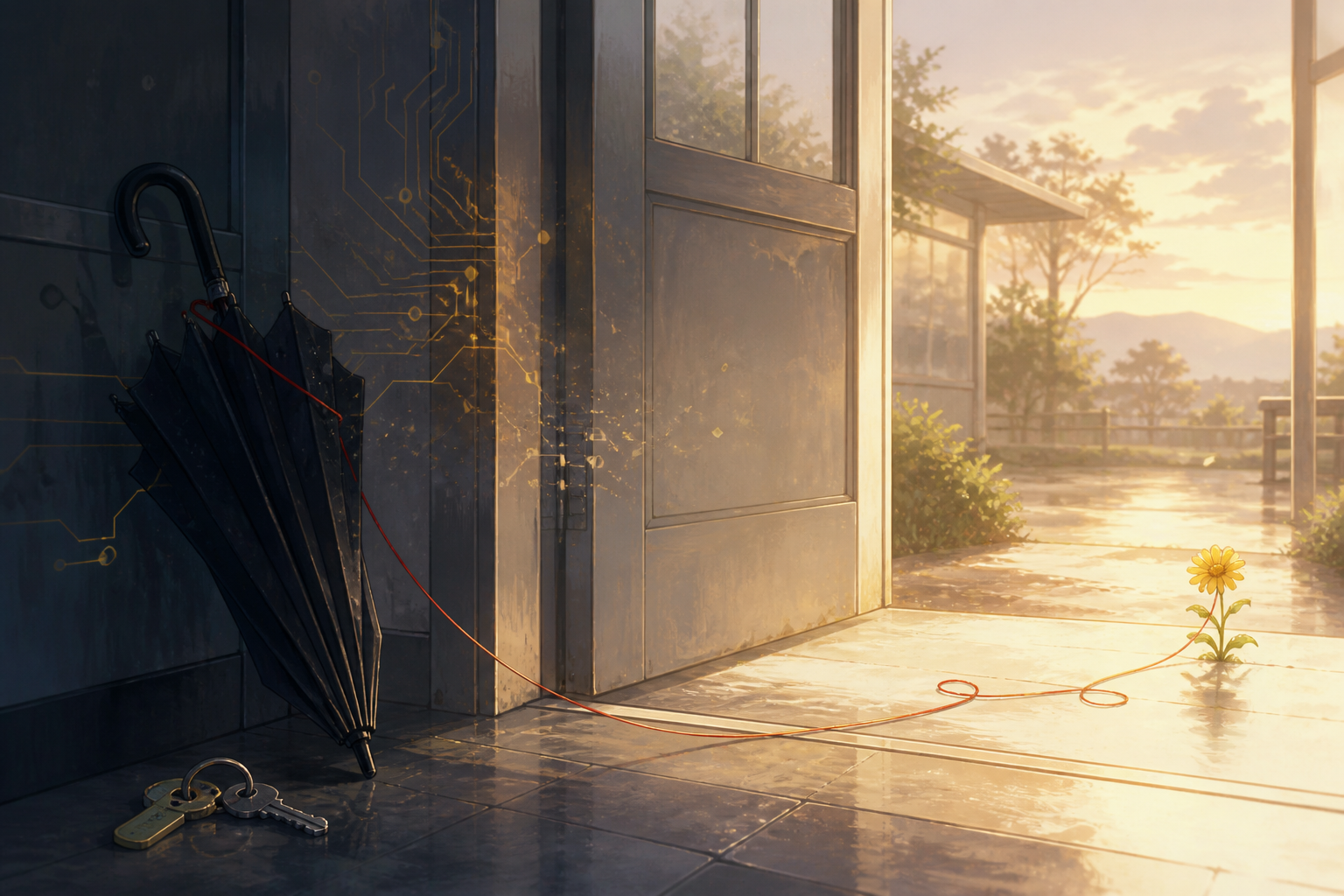 A loosened red cord leading from an umbrella and maintenance keys toward a yellow daisy in morning light