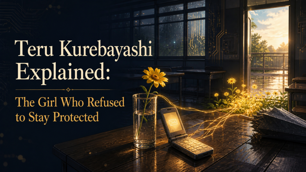 Teru Kurebayashi analysis with a glowing flip phone, yellow daisies, and an open classroom doorway