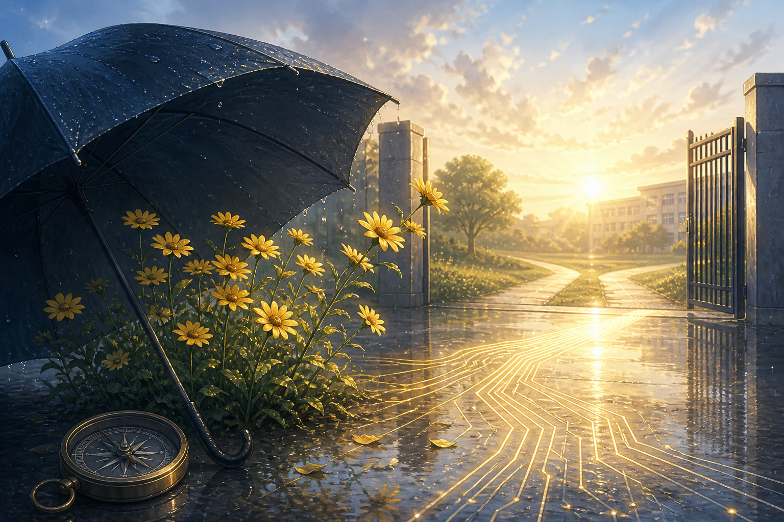 Yellow daisies growing beyond a protective umbrella toward an open gate and sunlit paths