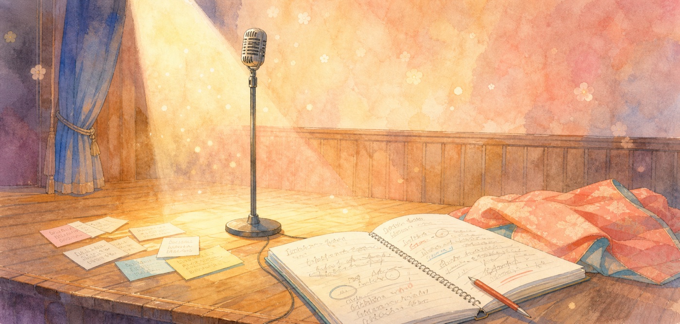 An empty comedy stage with a microphone, cue cards, and a warm spotlight symbolizing Watarase’s seriousness about his work