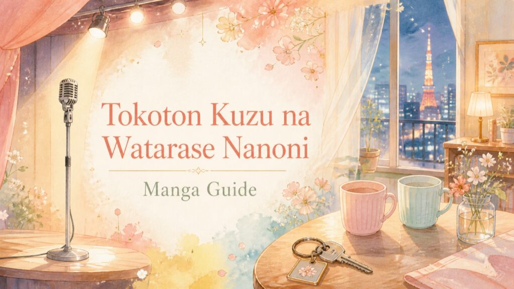 Tokoton Kuzu na Watarase Nanoni manga guide represented by a comedy microphone, apartment key, two cups, and bright Tokyo stage lights