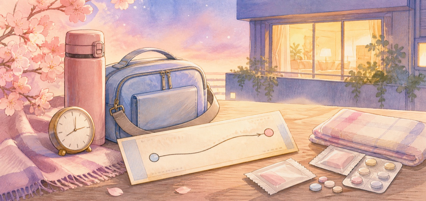 A train route between Osaka and Tokyo beside a clock, travel bag, and lit apartment window symbolizing care shown through time and effort