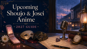Upcoming shoujo and josei anime in 2027 represented by a phone, masks, microphone, sheet music, and pocket watch