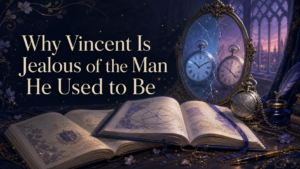 Two pocket watches reflected in a cracked mirror beside open books, symbolizing Vincent’s jealousy of his past self.