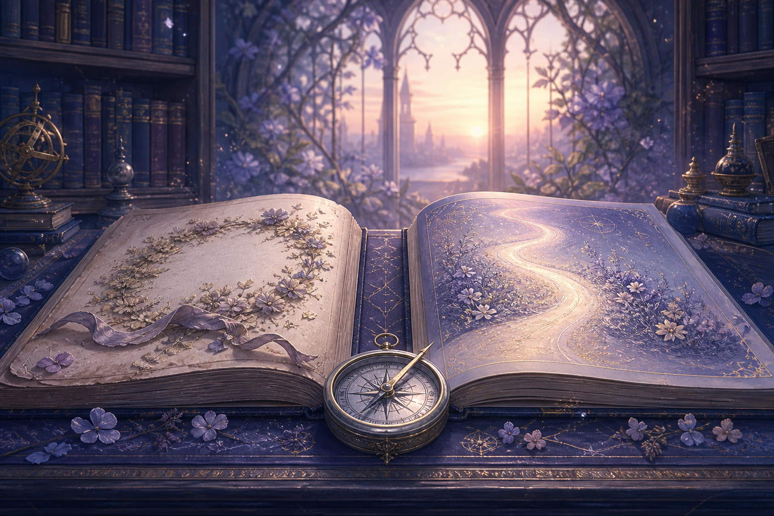 Two open books show an old circular path and a new luminous road, symbolizing the difference between being loved again and being loved anew.