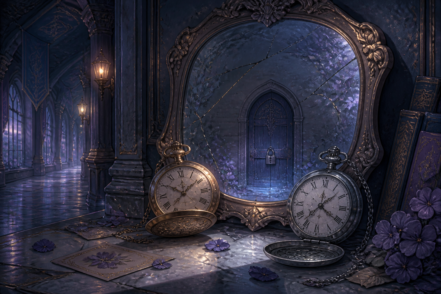 Two pocket watches and a locked door reflected in a cracked mirror, symbolizing the past Vincent whose memories remain closed to the present Vincent.