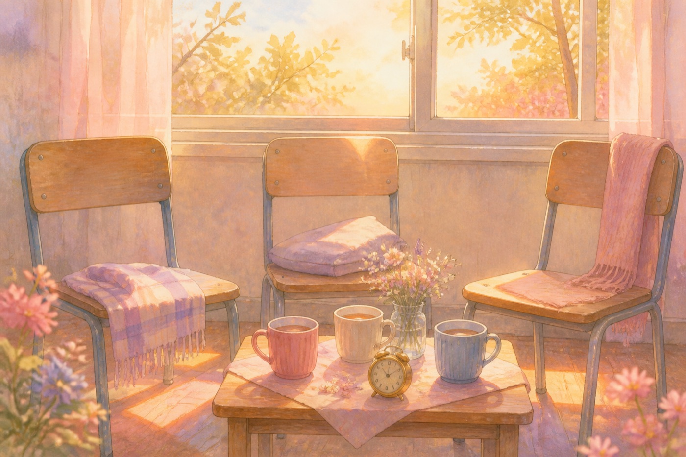Three empty chairs, warm cups, and a small clock in afternoon light, symbolizing patient friendship