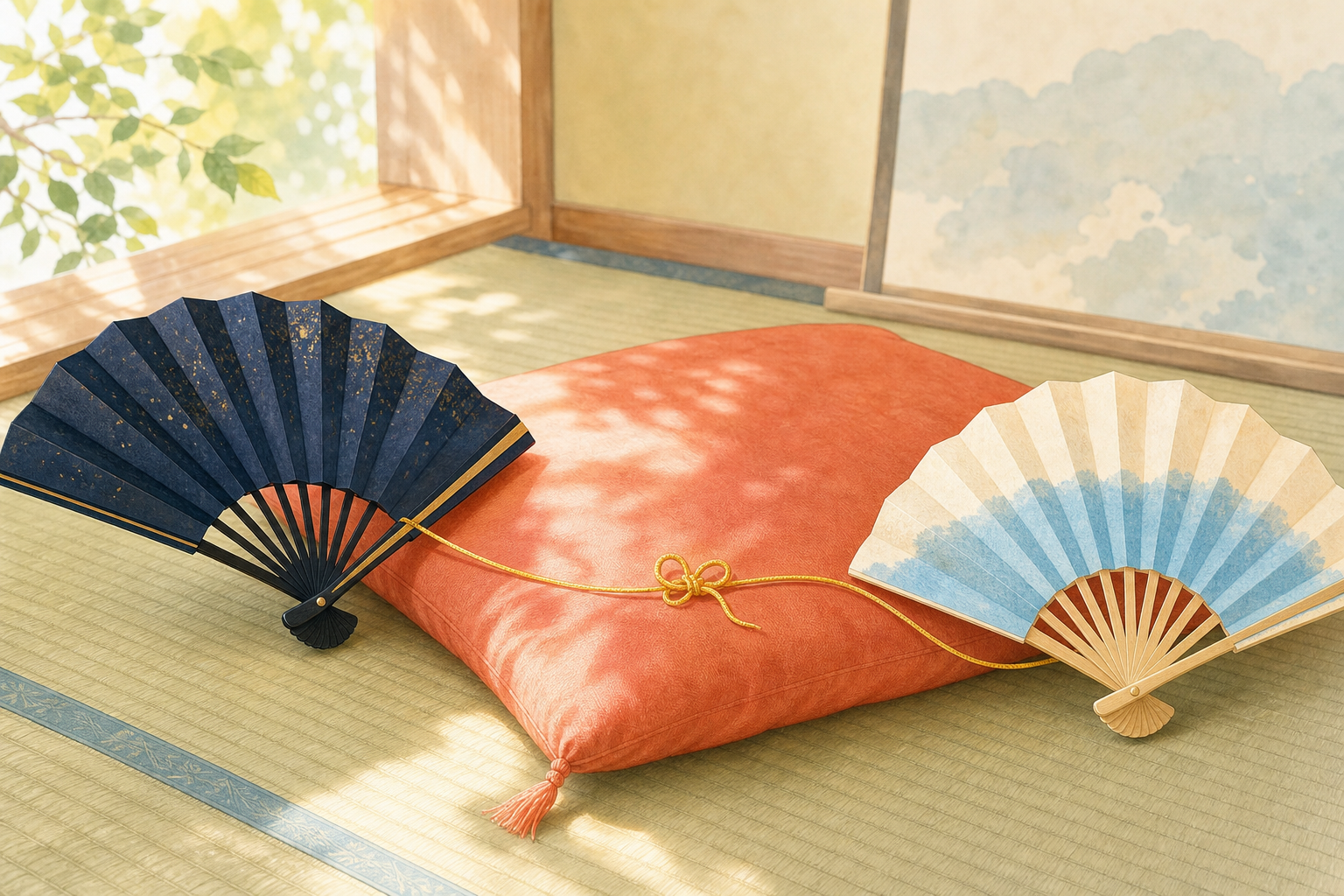 Two rakugo fans connected by a golden thread beside a red cushion