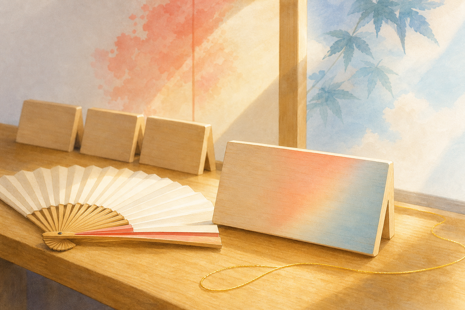 Blank wooden name plaques, a folding fan, and a golden thread in sunlight
