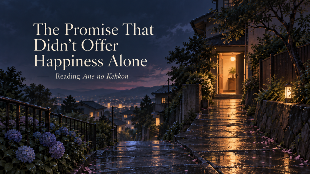 A rain-darkened path leading toward a warmly lit doorway, symbolizing the choice to walk forward despite fear.