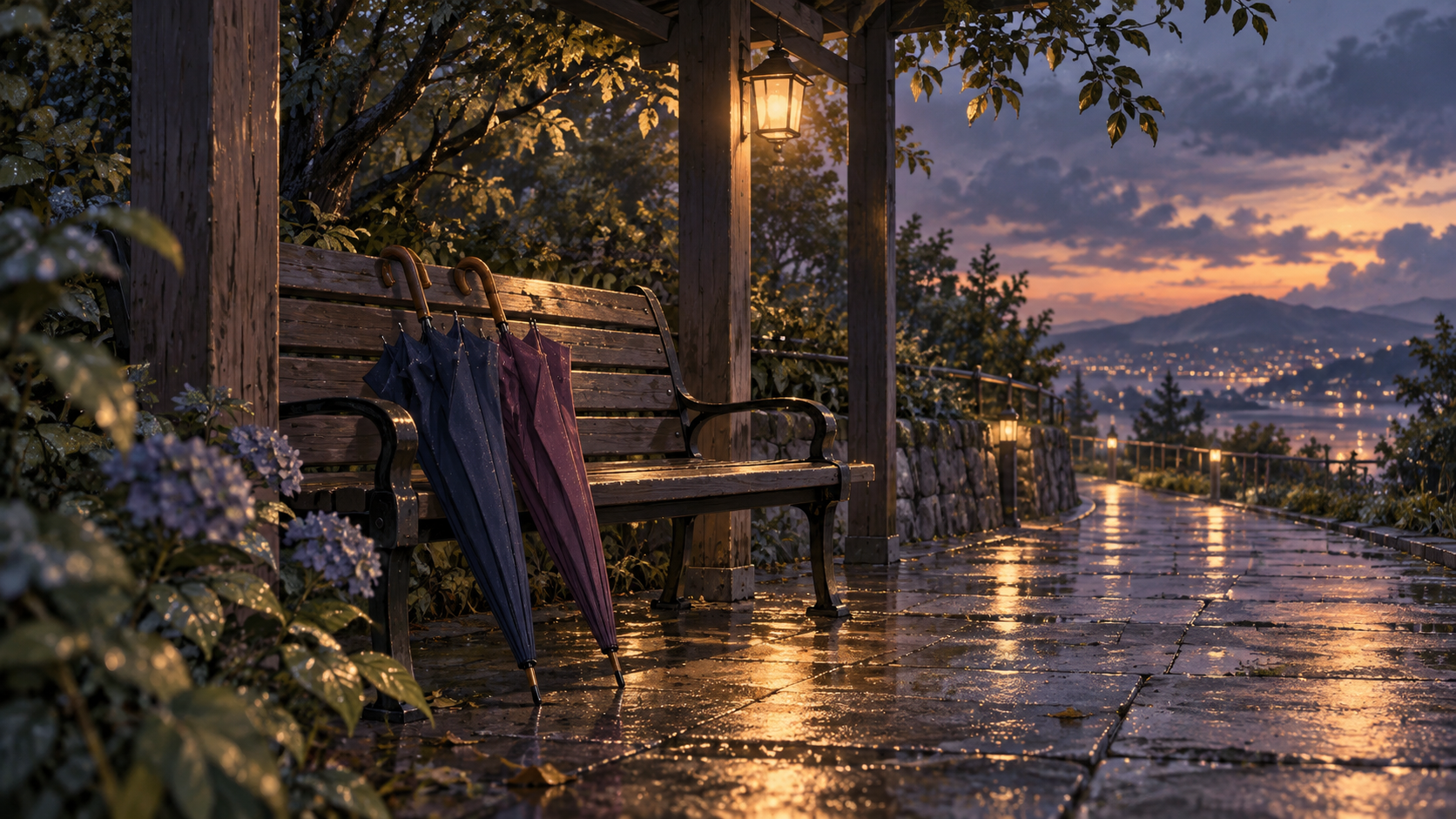 Two umbrellas resting beside a quiet bench after rain, suggesting two people choosing to face difficult days together.