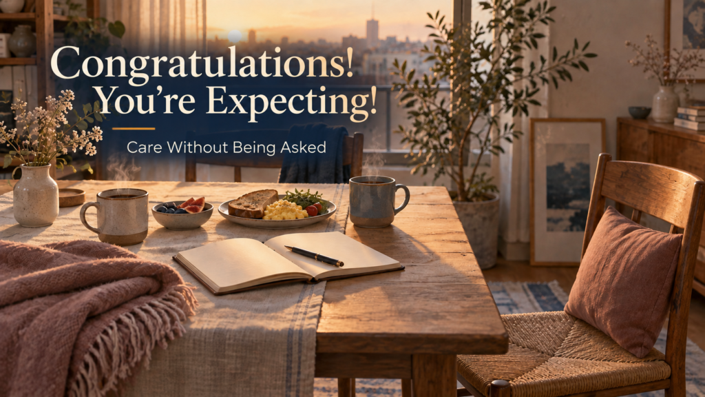 Featured image reading Congratulations! You’re Expecting! — Care Without Being Asked over a warmly lit breakfast table.