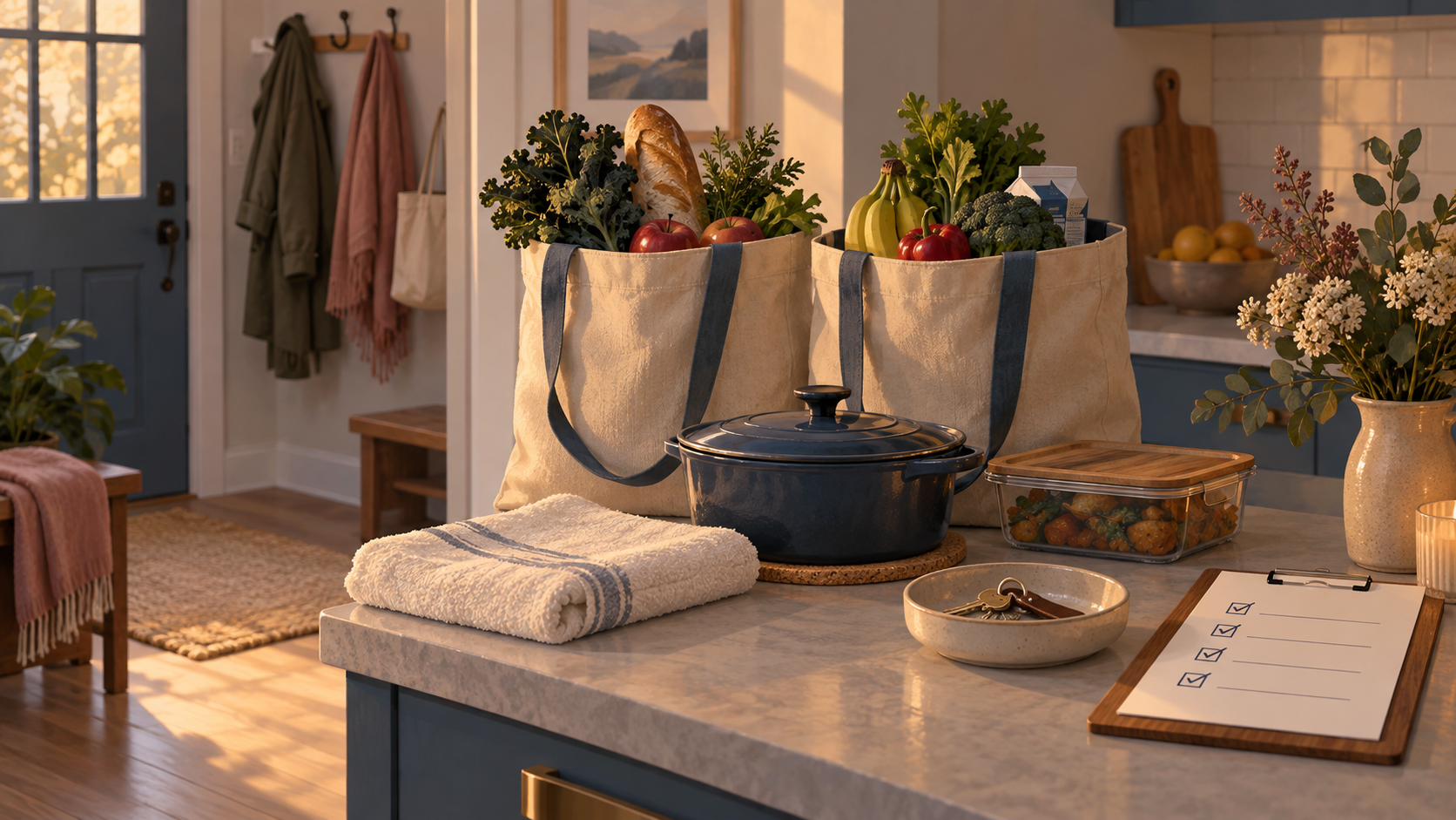 Groceries, a warm meal, a clean towel, keys, and a simple checklist arranged in a quiet kitchen.