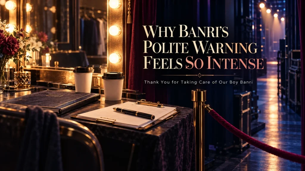 A backstage dressing room with two coffee cups, a manager’s clipboard, stage lights, and a velvet rope symbolizing Banri’s polite boundary.