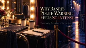 A backstage dressing room with two coffee cups, a manager’s clipboard, stage lights, and a velvet rope symbolizing Banri’s polite boundary.