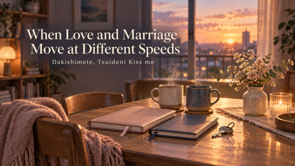 Two steaming mugs, two planners, and a house key on a warm sunset table, symbolizing love and marriage moving at different speeds.