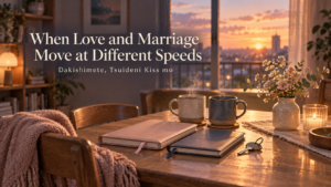 Two steaming mugs, two planners, and a house key on a warm sunset table, symbolizing love and marriage moving at different speeds.