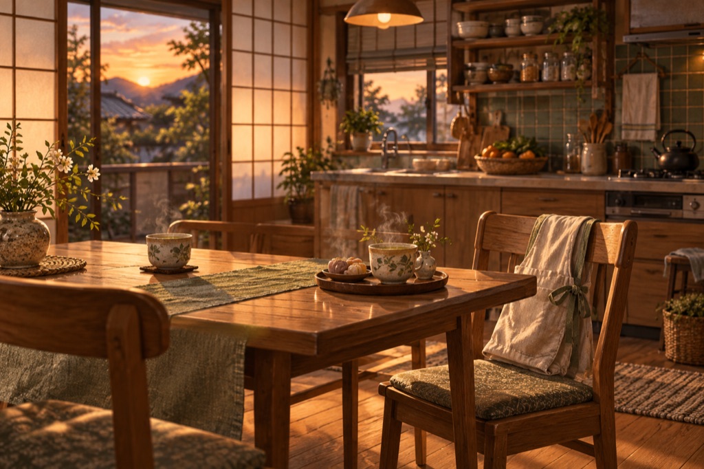 An apron on an empty chair beside a tray of tea in a warmly lit kitchen.