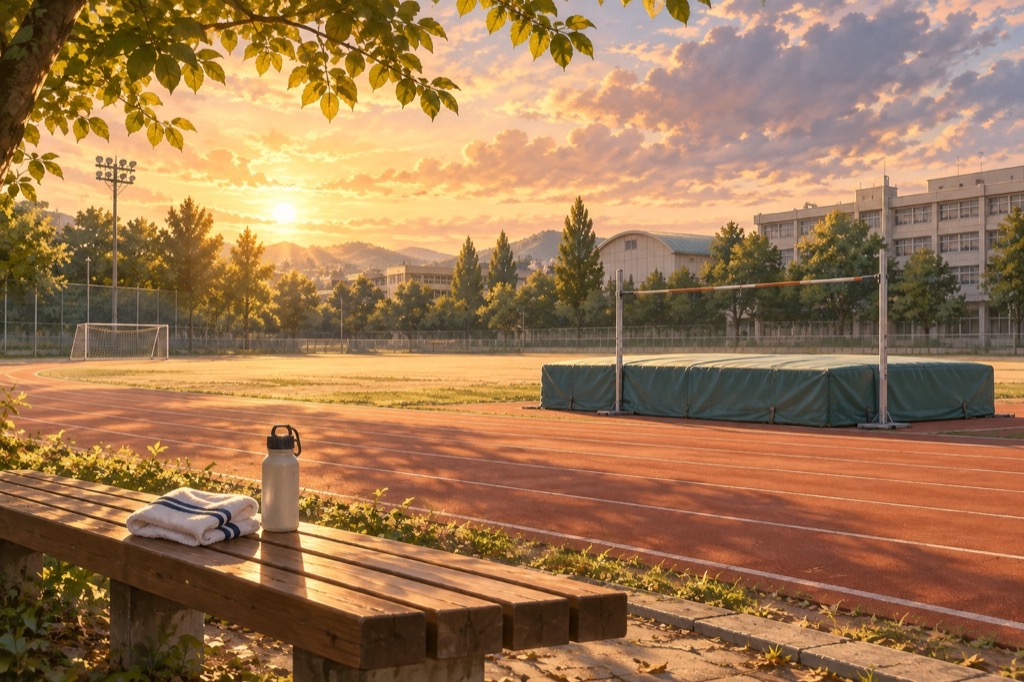 A quiet school athletics field with high-jump equipment and a bench in warm evening light.