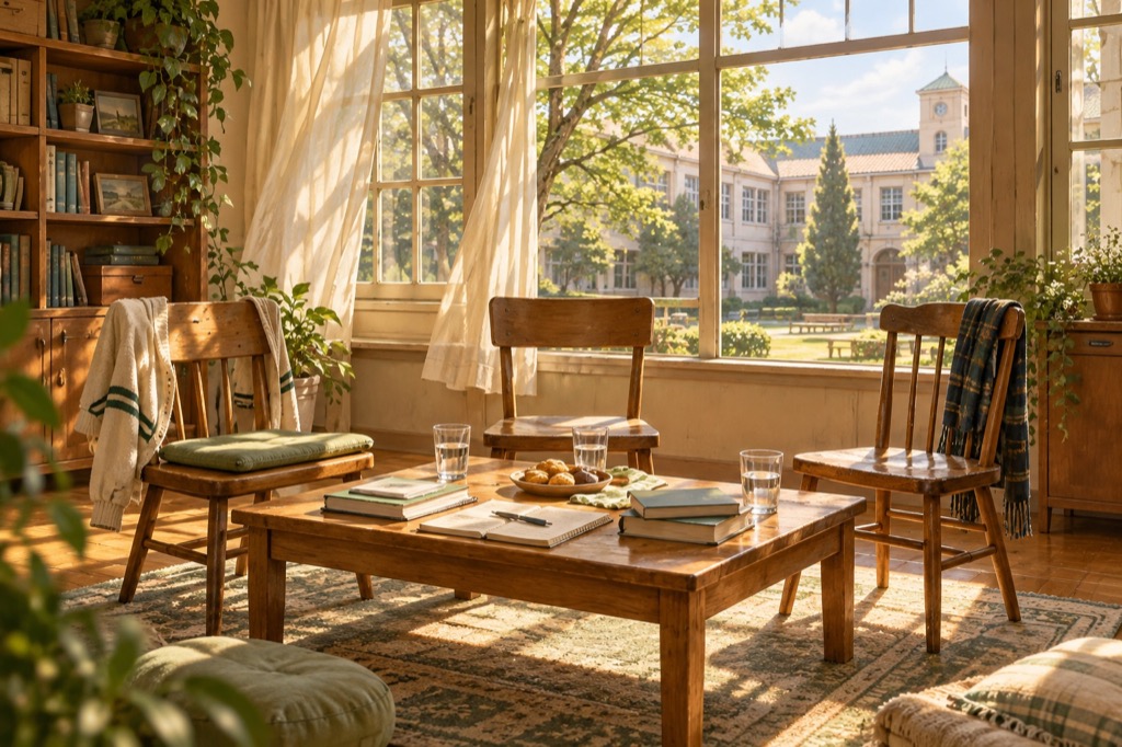 Three wooden chairs around a shared table in a sunlit school common room.