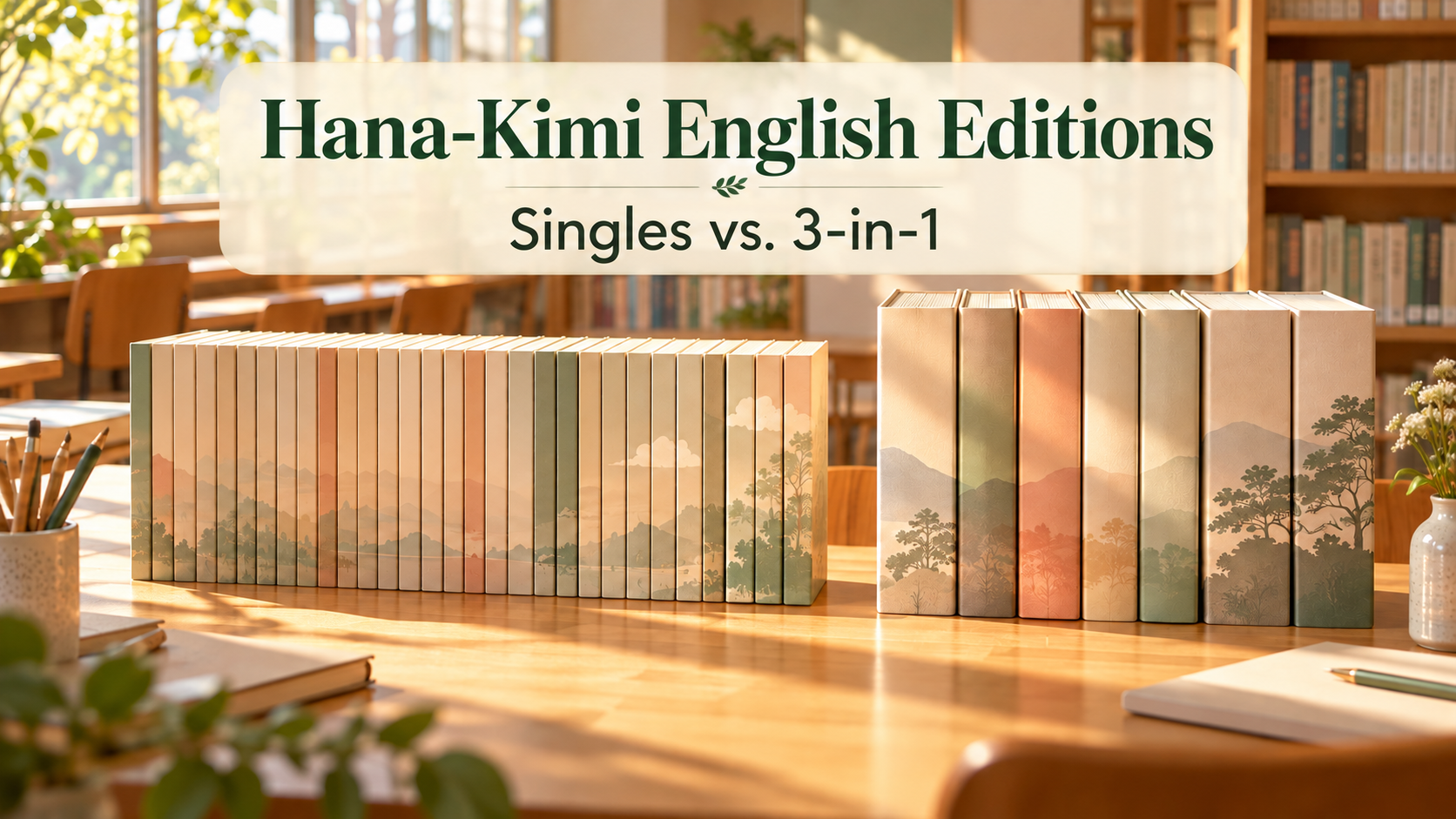 Hana-Kimi English editions, singles versus 3-in-1, shown as two book groups in a sunlit library.