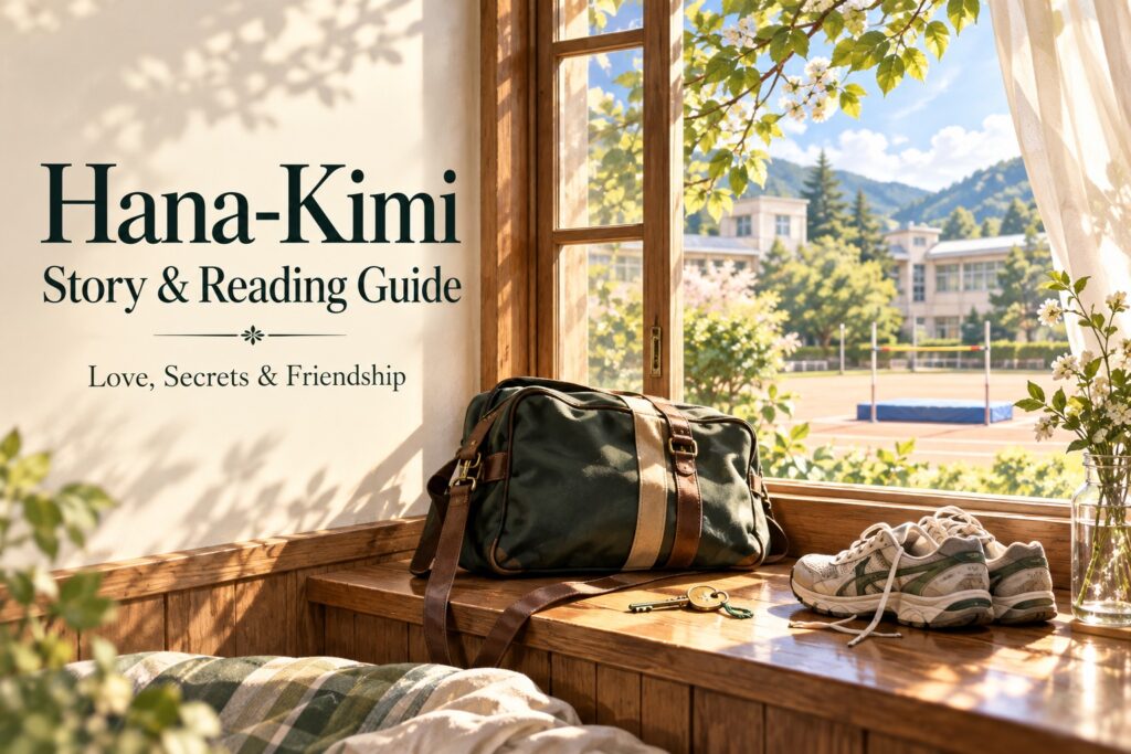 A sunlit school dormitory window with a satchel, running shoes and a key, beside the words Hana-Kimi: Story & Reading Guide.