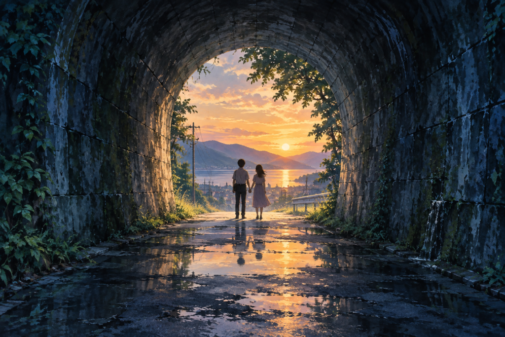 Original illustration of two distant figures holding hands at the sunlit exit of a dark tunnel.