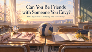 Two neighboring classroom desks connected by a volleyball, with carefully arranged belongings on one desk and an open notebook and flowers on the other, symbolizing Mika’s jealousy and growing friendship with Mitsumi.